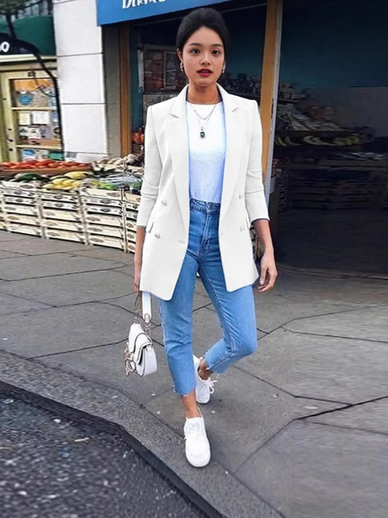 Women Navy Blue Mid-Length Blazer Jacket Spring Autumn Solid Color Casual Outerwear