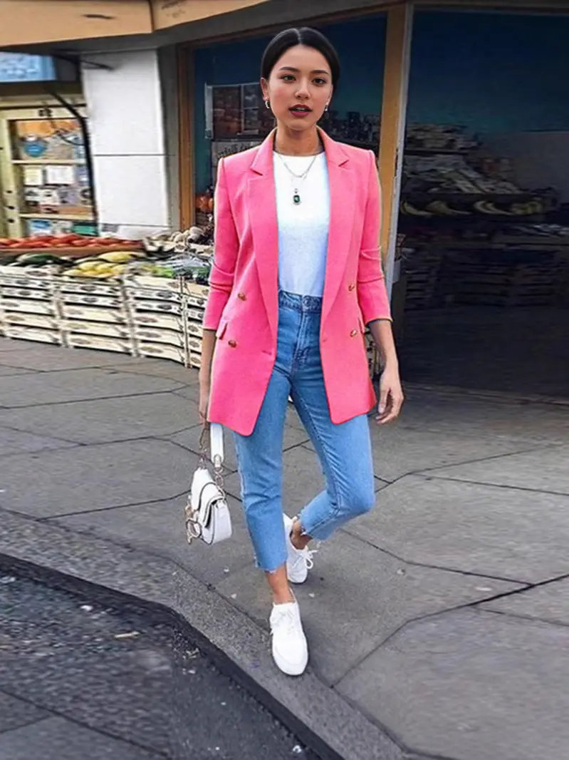 Women Navy Blue Mid-Length Blazer Jacket Spring Autumn Solid Color Casual Outerwear