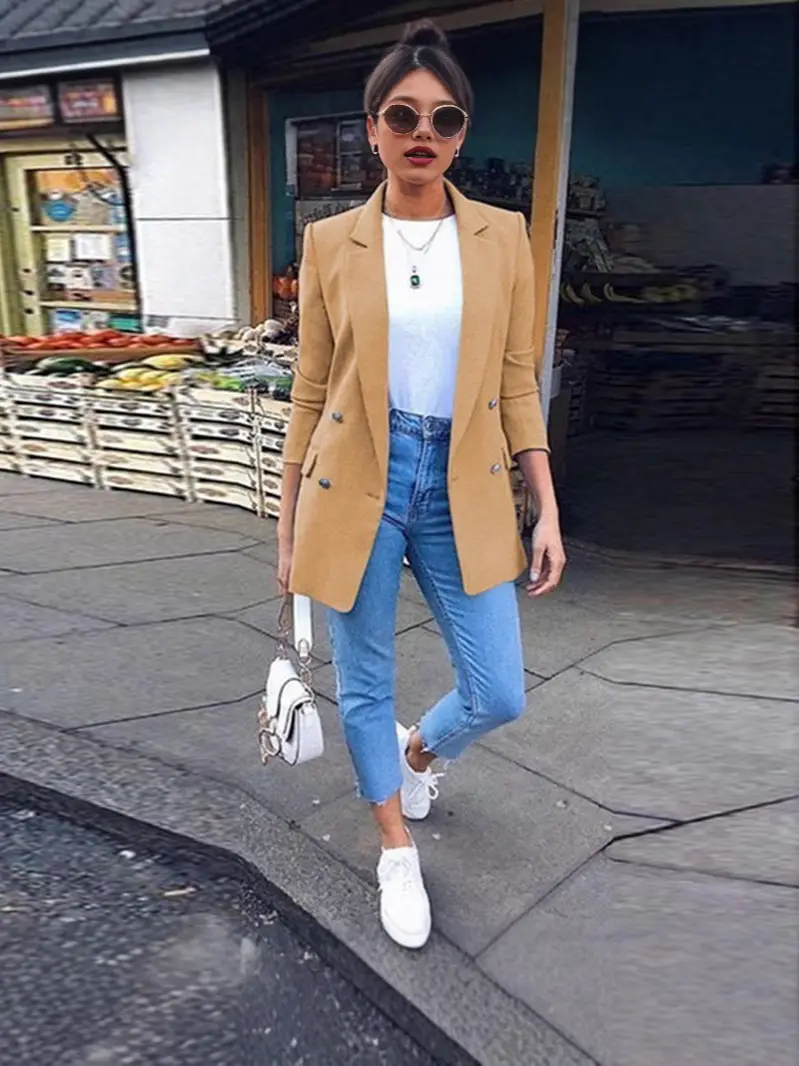 Women Navy Blue Mid-Length Blazer Jacket Spring Autumn Solid Color Casual Outerwear