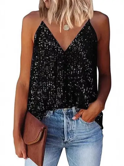 Women Sequin Sleeveless V Neck Top Loose Fit Casual