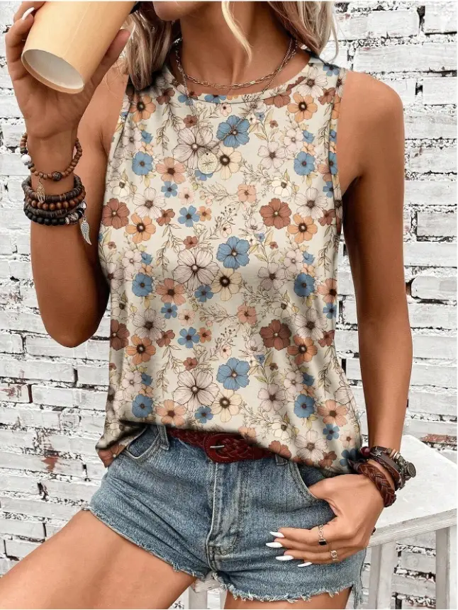Women Floral Sleeveless Vest Peacock Blue Summer Casual