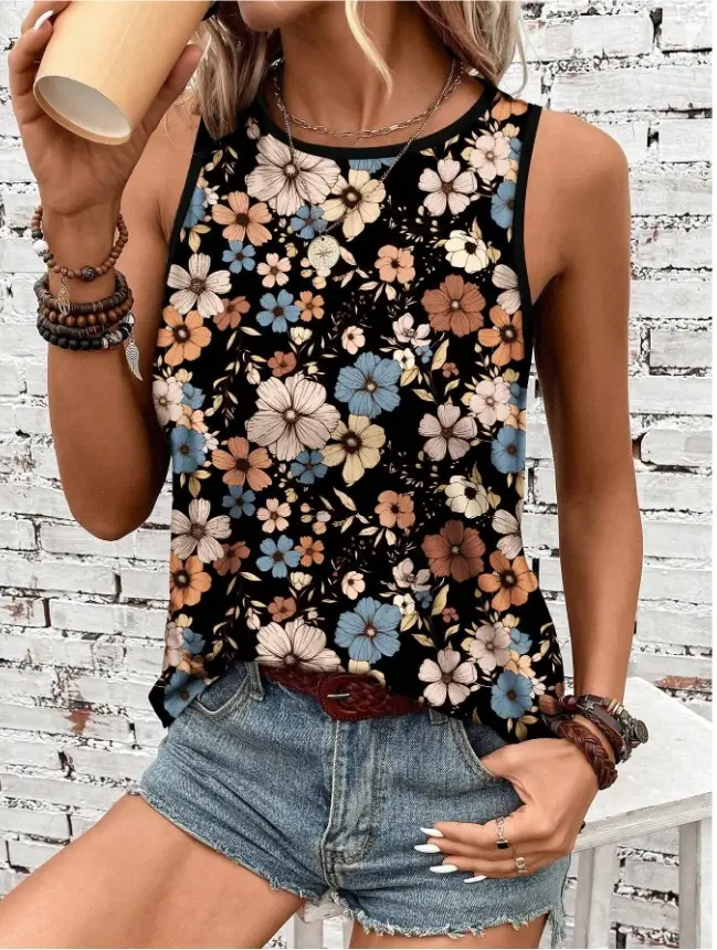 Women Floral Sleeveless Vest Peacock Blue Summer Casual