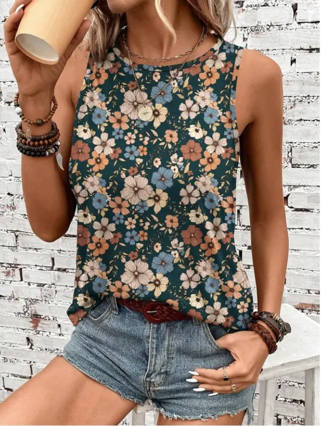 Women Floral Sleeveless Vest Peacock Blue Summer Casual