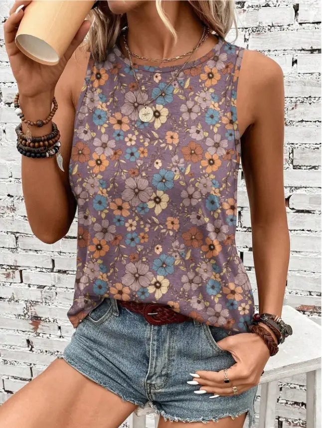 Women Floral Sleeveless Vest Peacock Blue Summer Casual