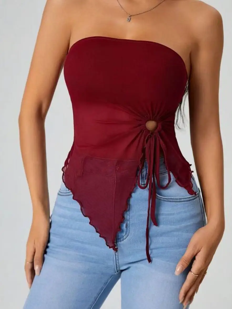 Women Strapless Knotted Top Burgundy Casual Wear