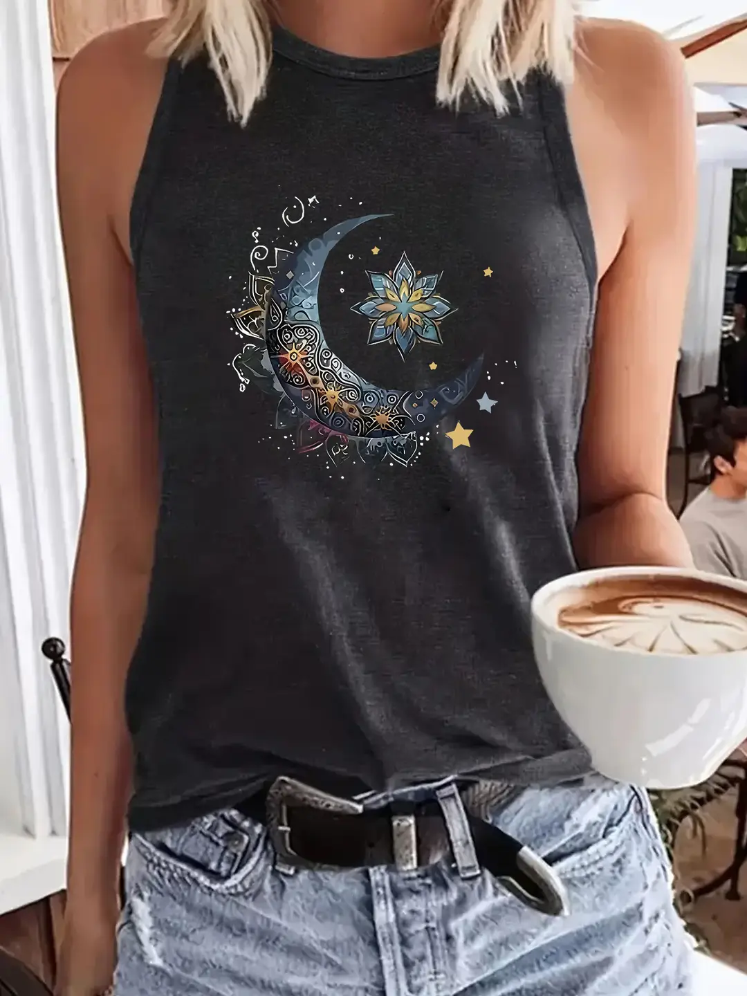 Women Moon Print Loose Vest Summer Casual Wear