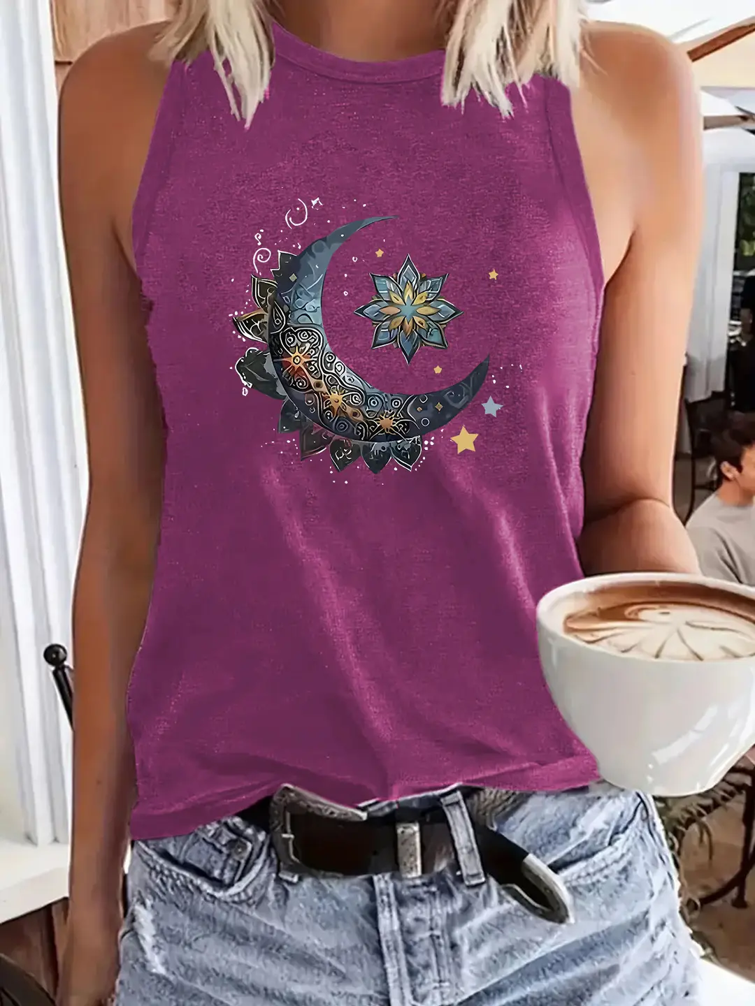 Women Moon Print Loose Vest Summer Casual Wear