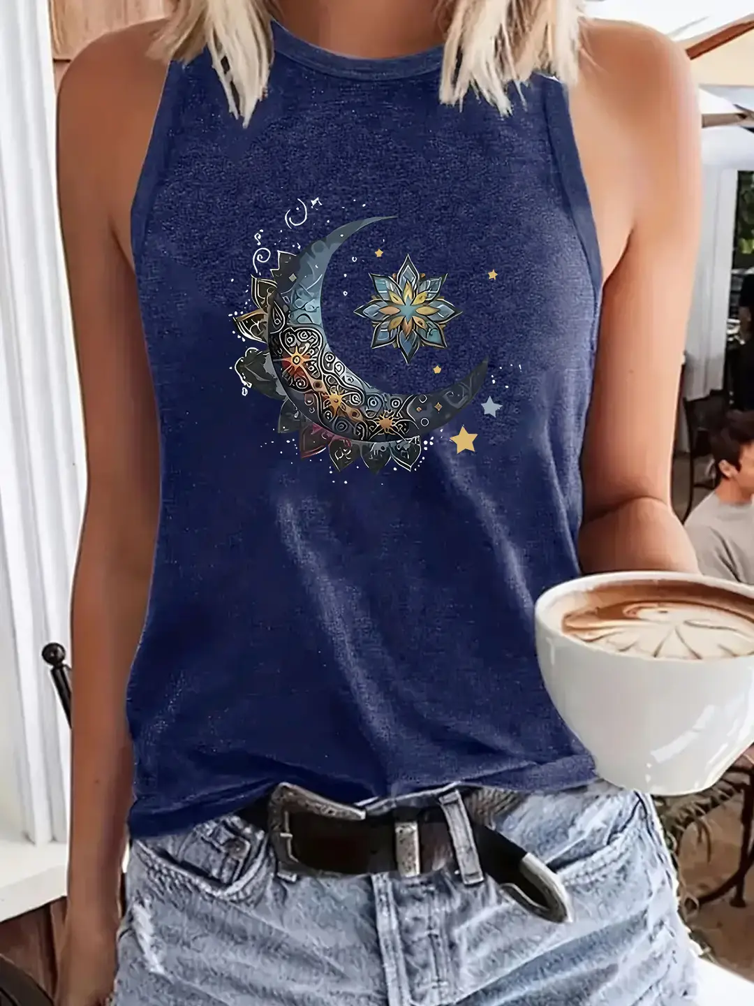 Women Moon Print Loose Vest Summer Casual Wear
