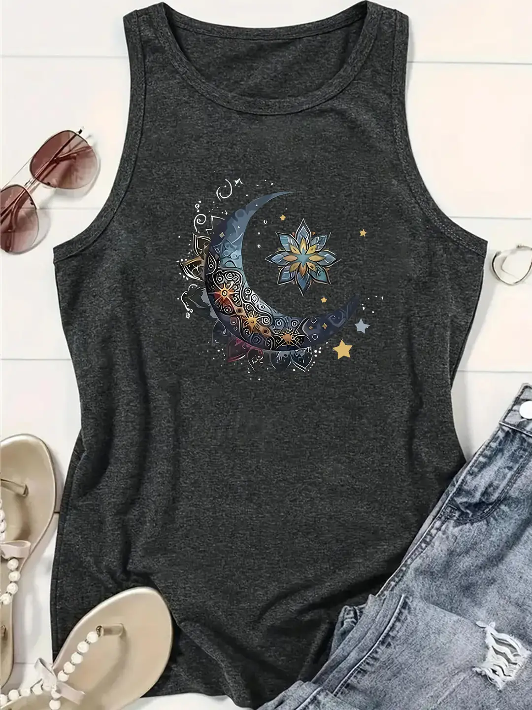 Women Moon Print Loose Vest Summer Casual Wear