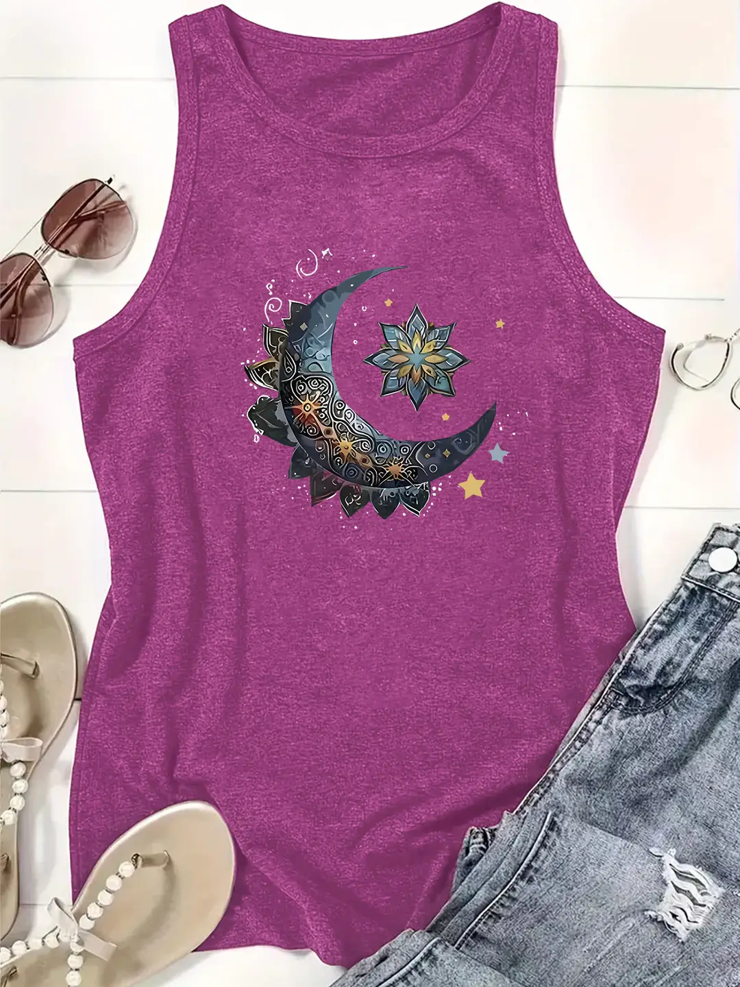 Women Moon Print Loose Vest Summer Casual Wear