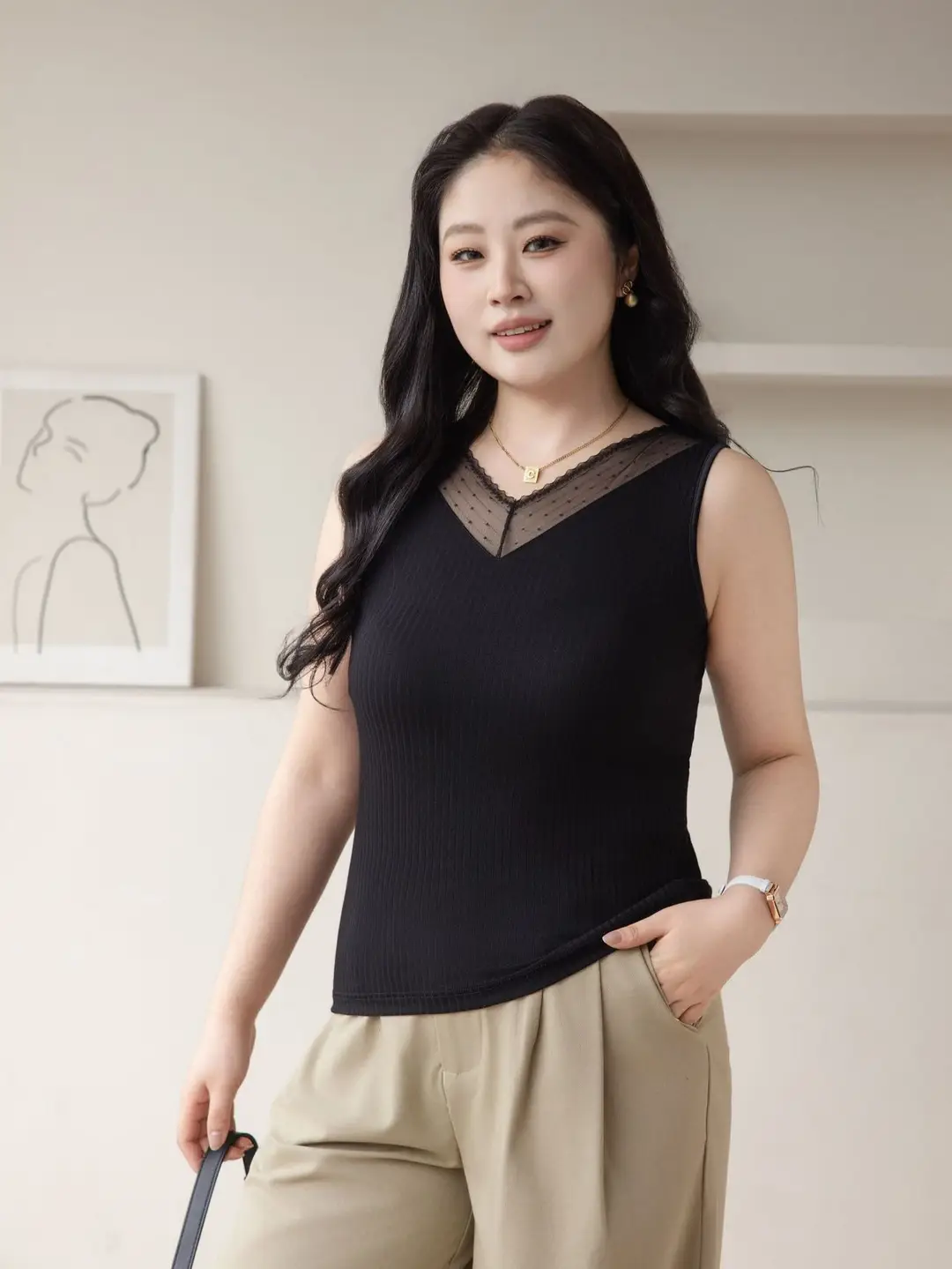 Black Reversible Lace V-Neck Camisole for Women