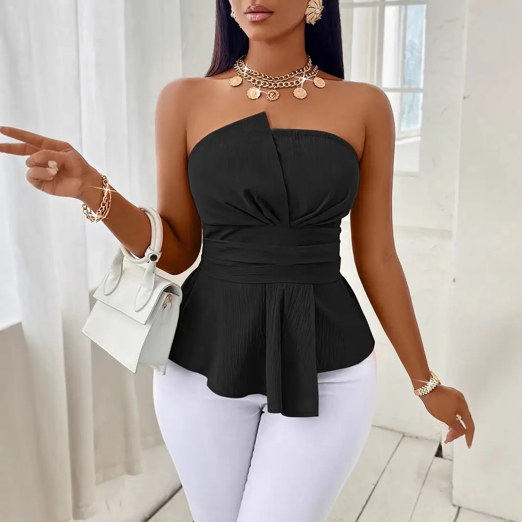 Black Strapless Peplum Top Women Summer Fashion
