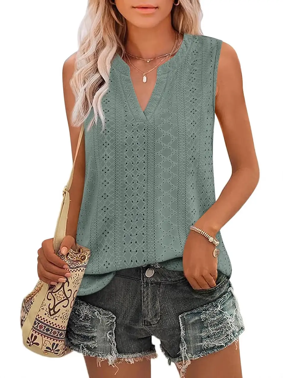 Women Pink Sleeveless V-neck Eyelet Vest Summer Casual