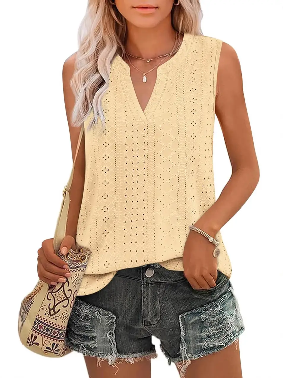 Women Pink Sleeveless V-neck Eyelet Vest Summer Casual