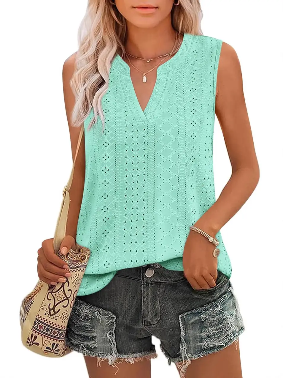 Women Pink Sleeveless V-neck Eyelet Vest Summer Casual