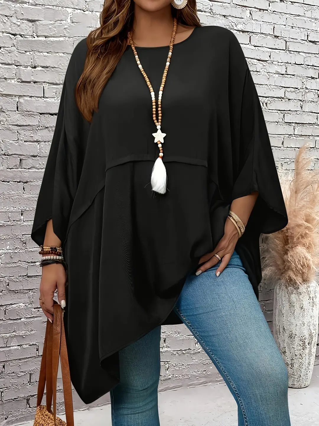 Plus Size Loose Batwing Sleeve Top Brown