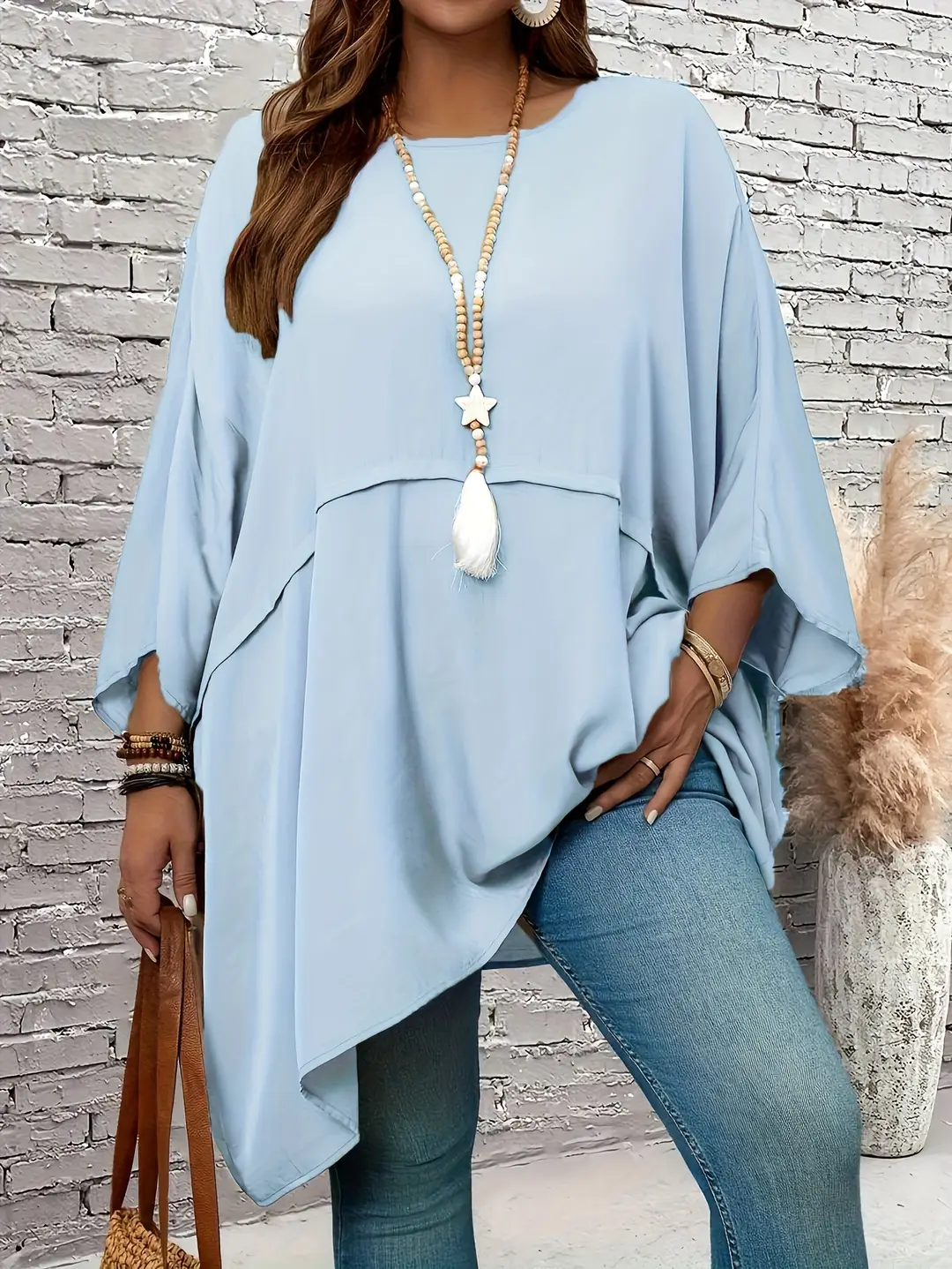 Plus Size Loose Batwing Sleeve Top Brown