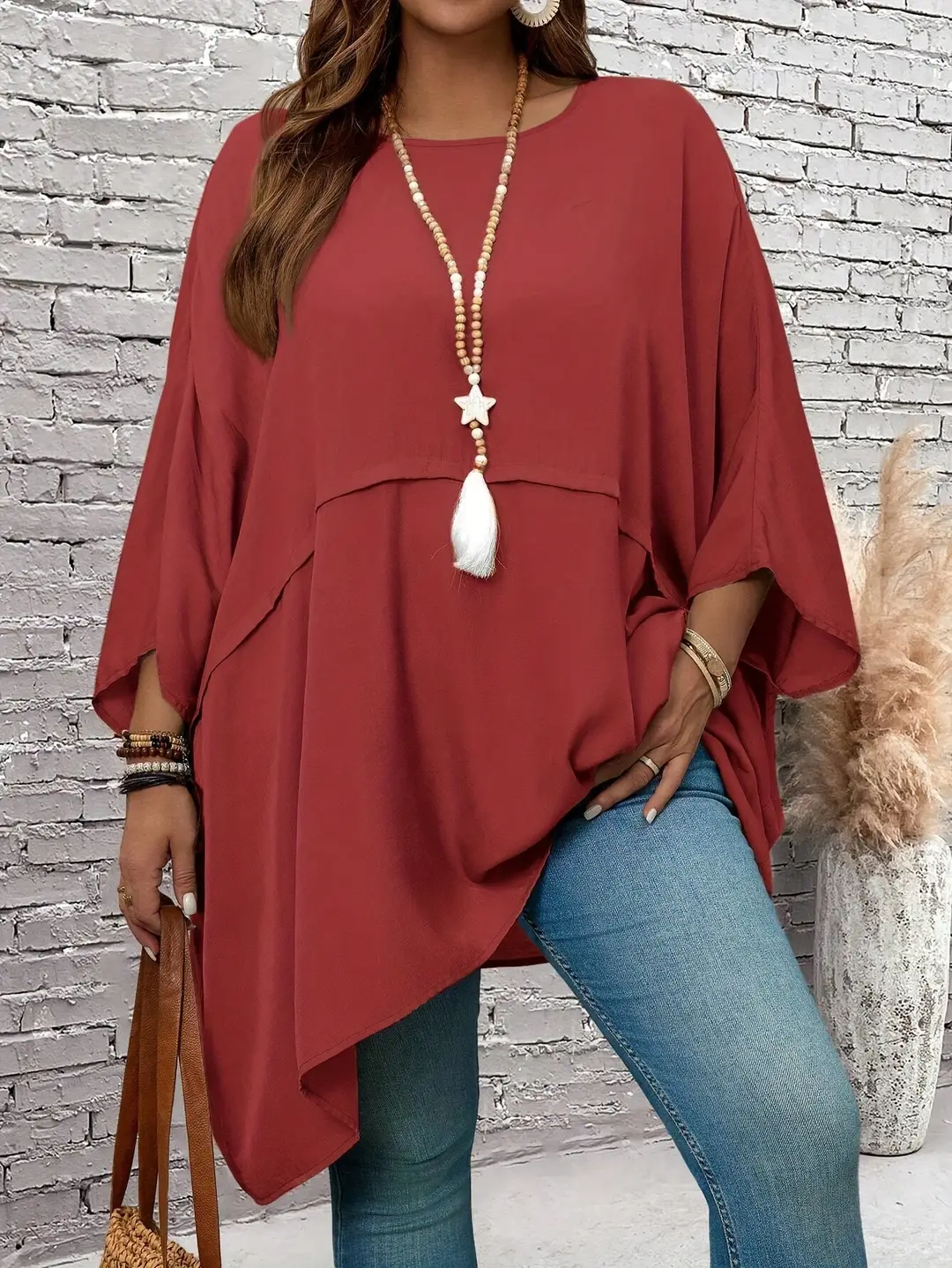 Plus Size Loose Batwing Sleeve Top Brown
