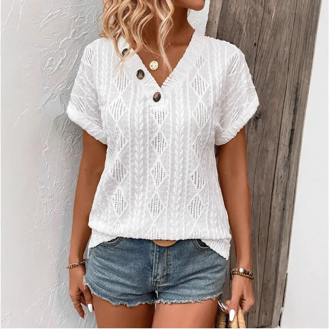Women V-neck Buttoned Hollow Out Short Sleeve Top White Summer
