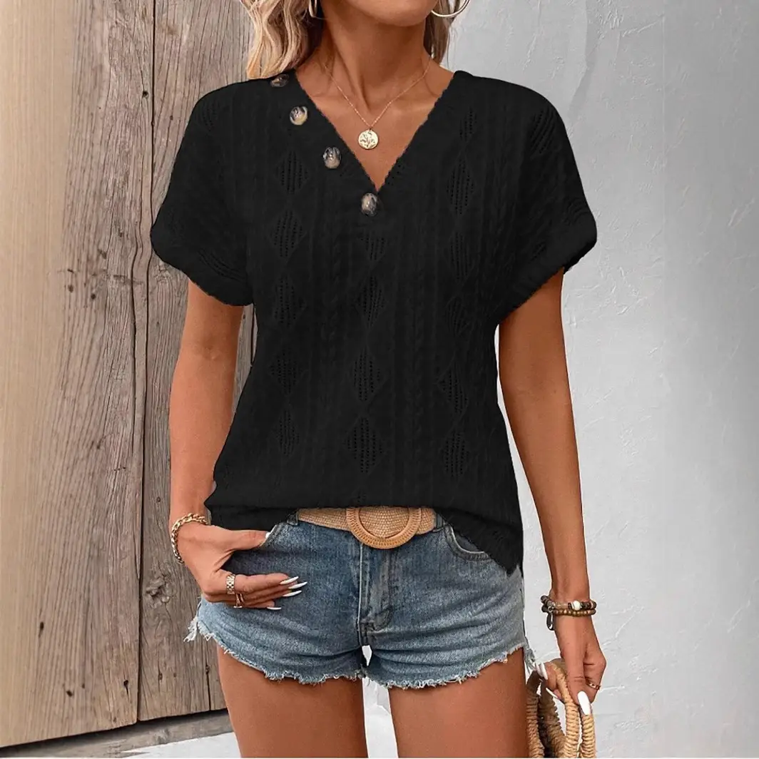 Women V-neck Buttoned Hollow Out Short Sleeve Top White Summer