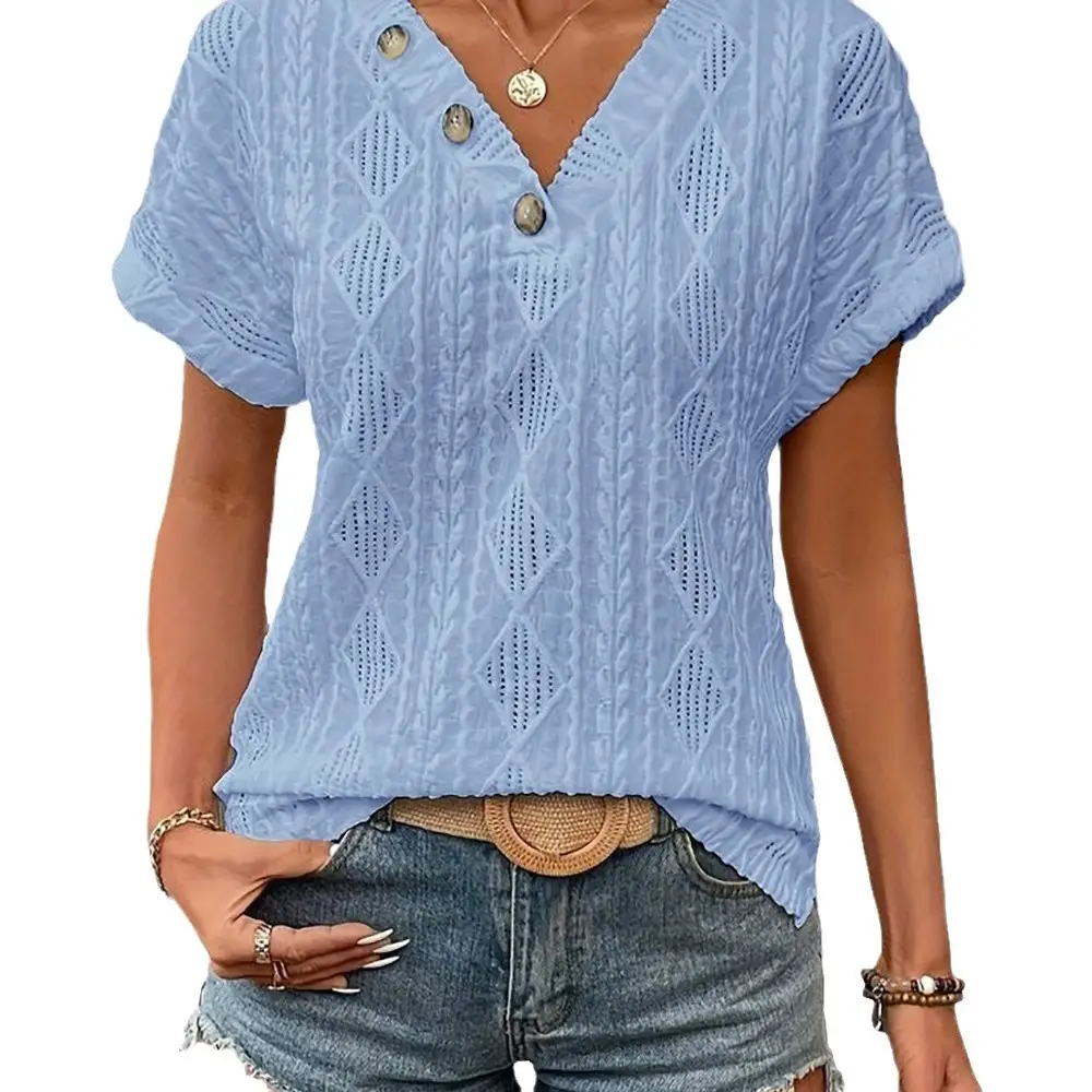Women V-neck Buttoned Hollow Out Short Sleeve Top White Summer