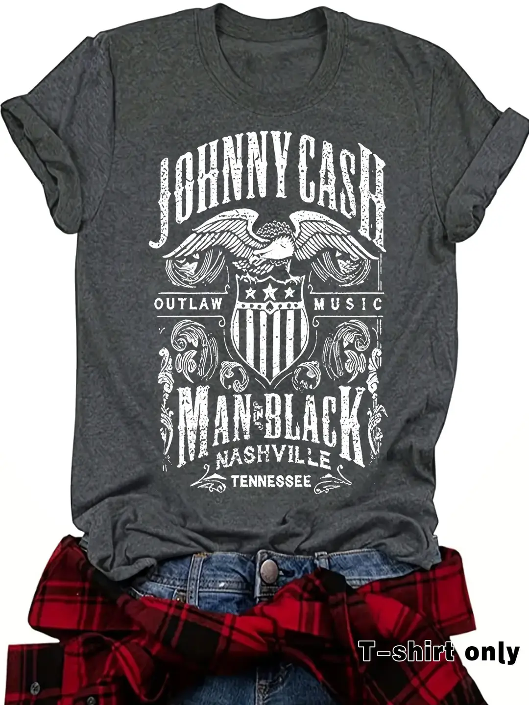 Johnny Cash Printed Loose T-Shirt Dark Red Women