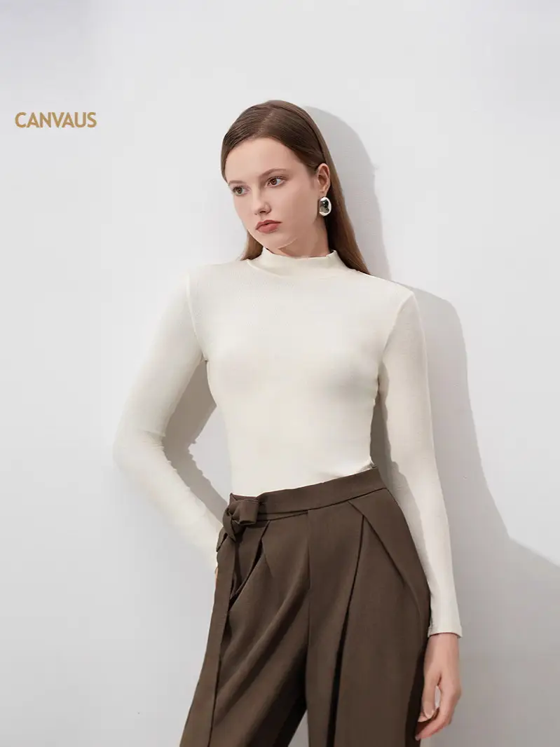 Women High Collar Slim Fit Long Sleeve Warm Top Purple