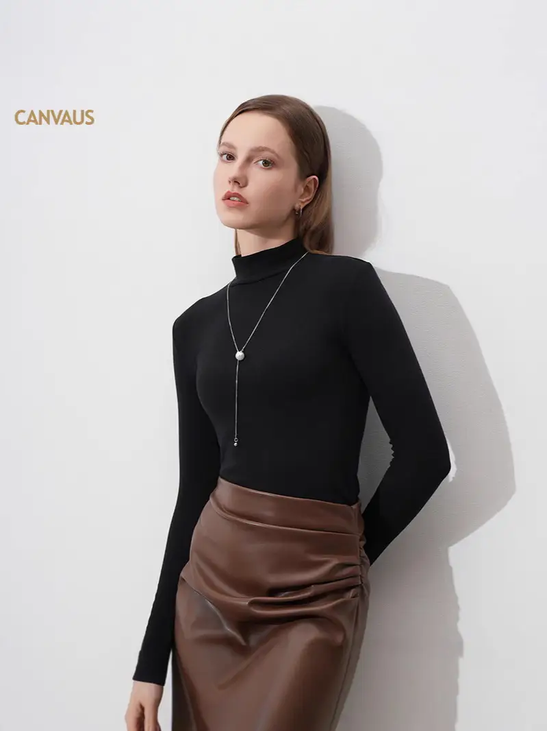 Women High Collar Slim Fit Long Sleeve Warm Top Purple