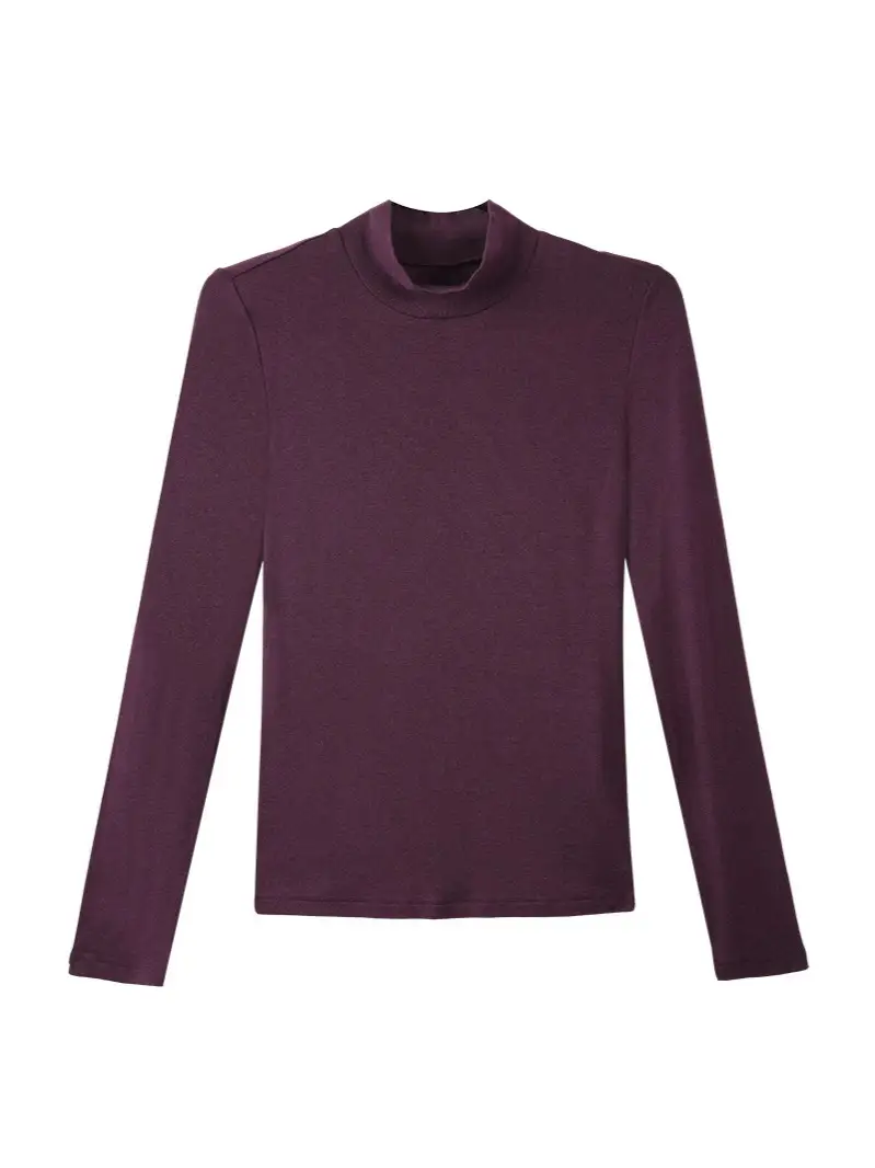 Women High Collar Slim Fit Long Sleeve Warm Top Purple