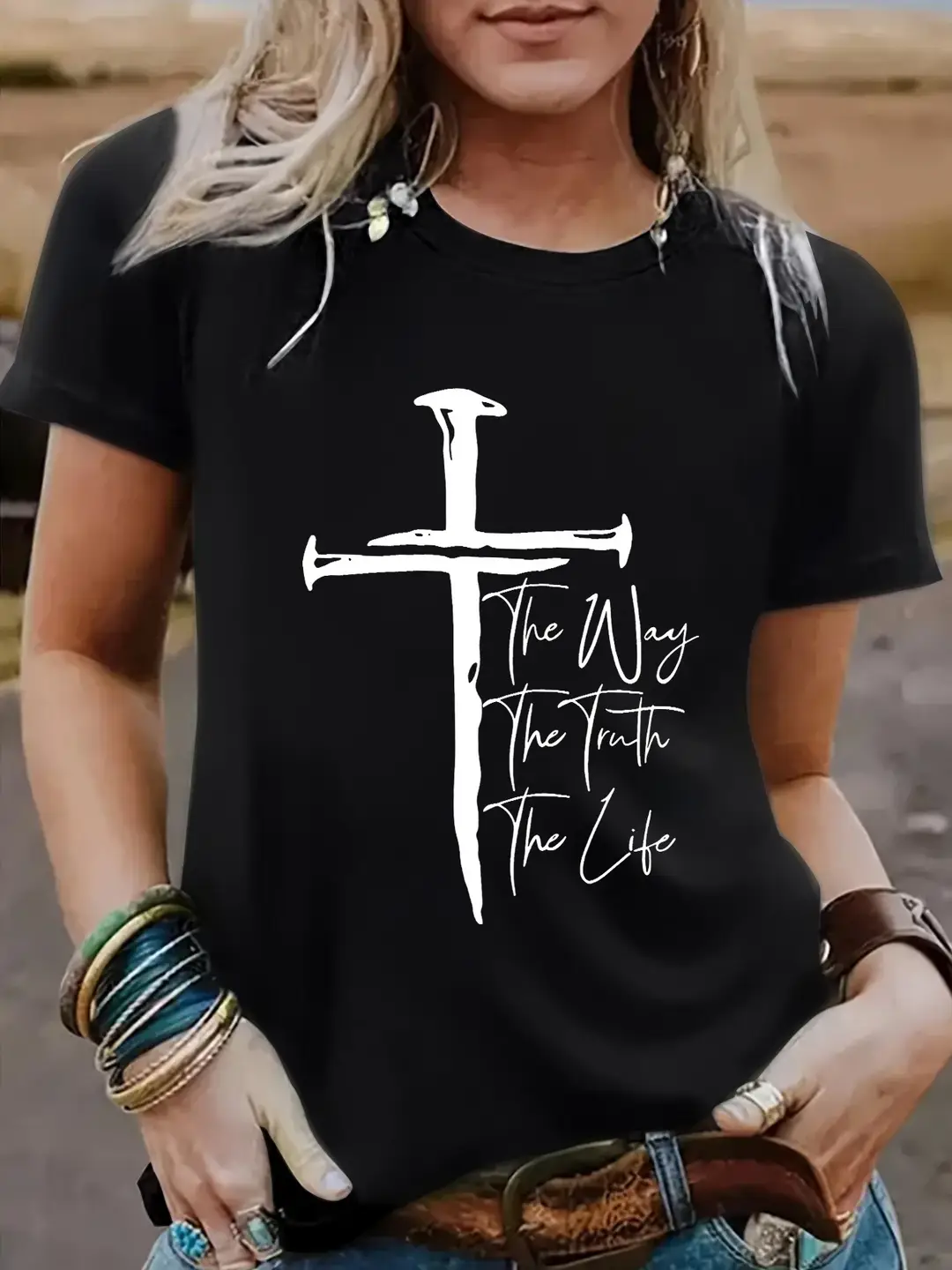 Women Black Cross T-Shirt Summer Casual Short Sleeve