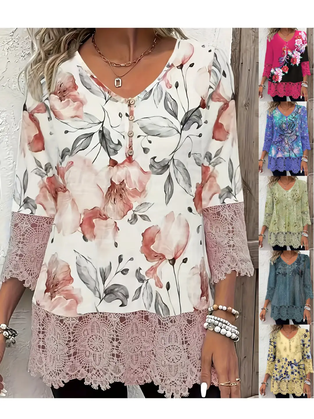 Women Floral Lace Hem Button Top 2025
