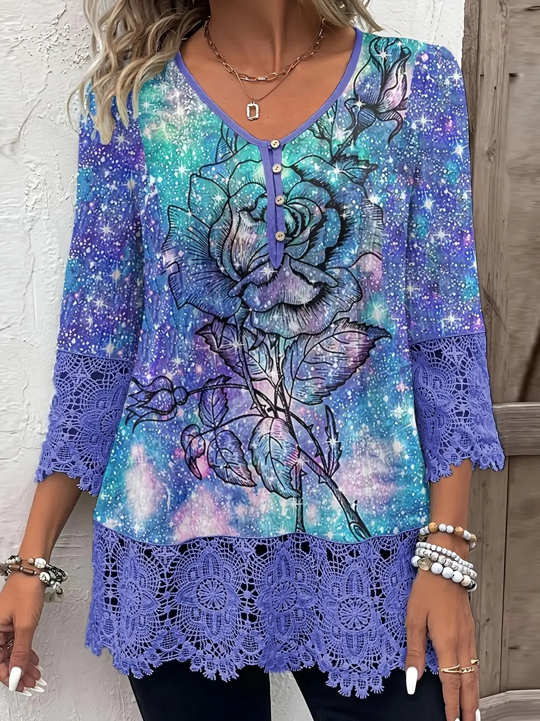 Women Floral Lace Hem Button Top 2025