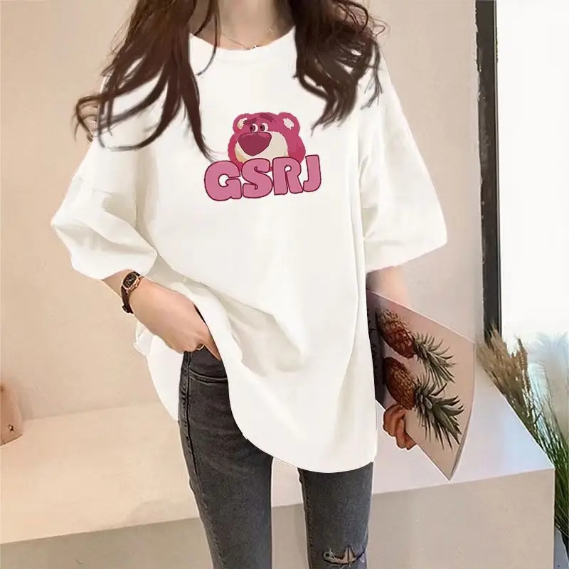 Women Plus Size Loose Graphic T-Shirt Summer Casual Pink Bear Print