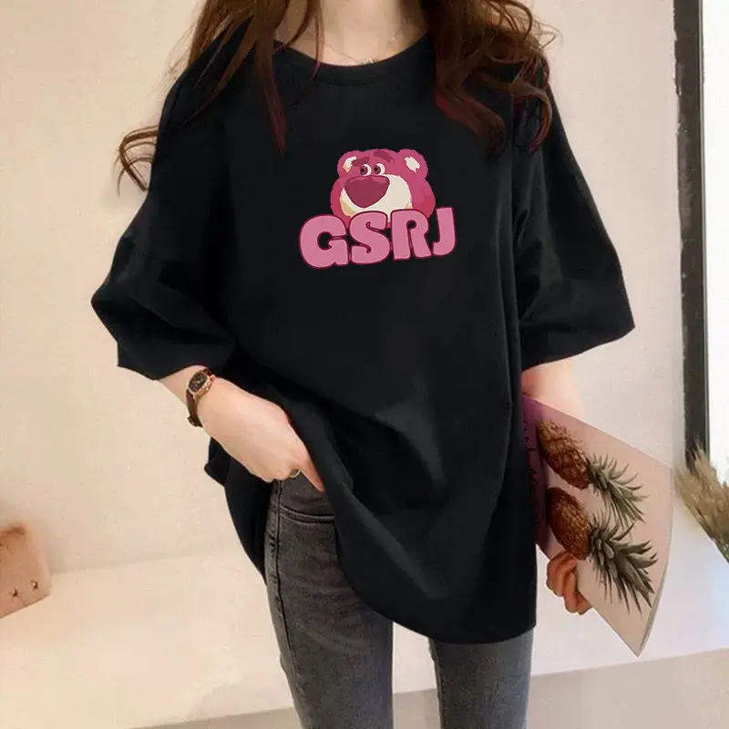 Women Plus Size Loose Graphic T-Shirt Summer Casual Pink Bear Print