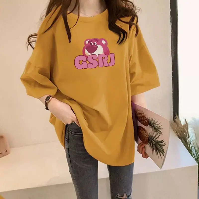 Women Plus Size Loose Graphic T-Shirt Summer Casual Pink Bear Print