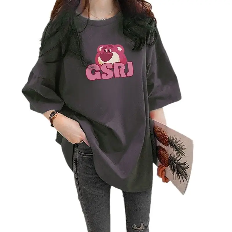 Women Plus Size Loose Graphic T-Shirt Summer Casual Pink Bear Print