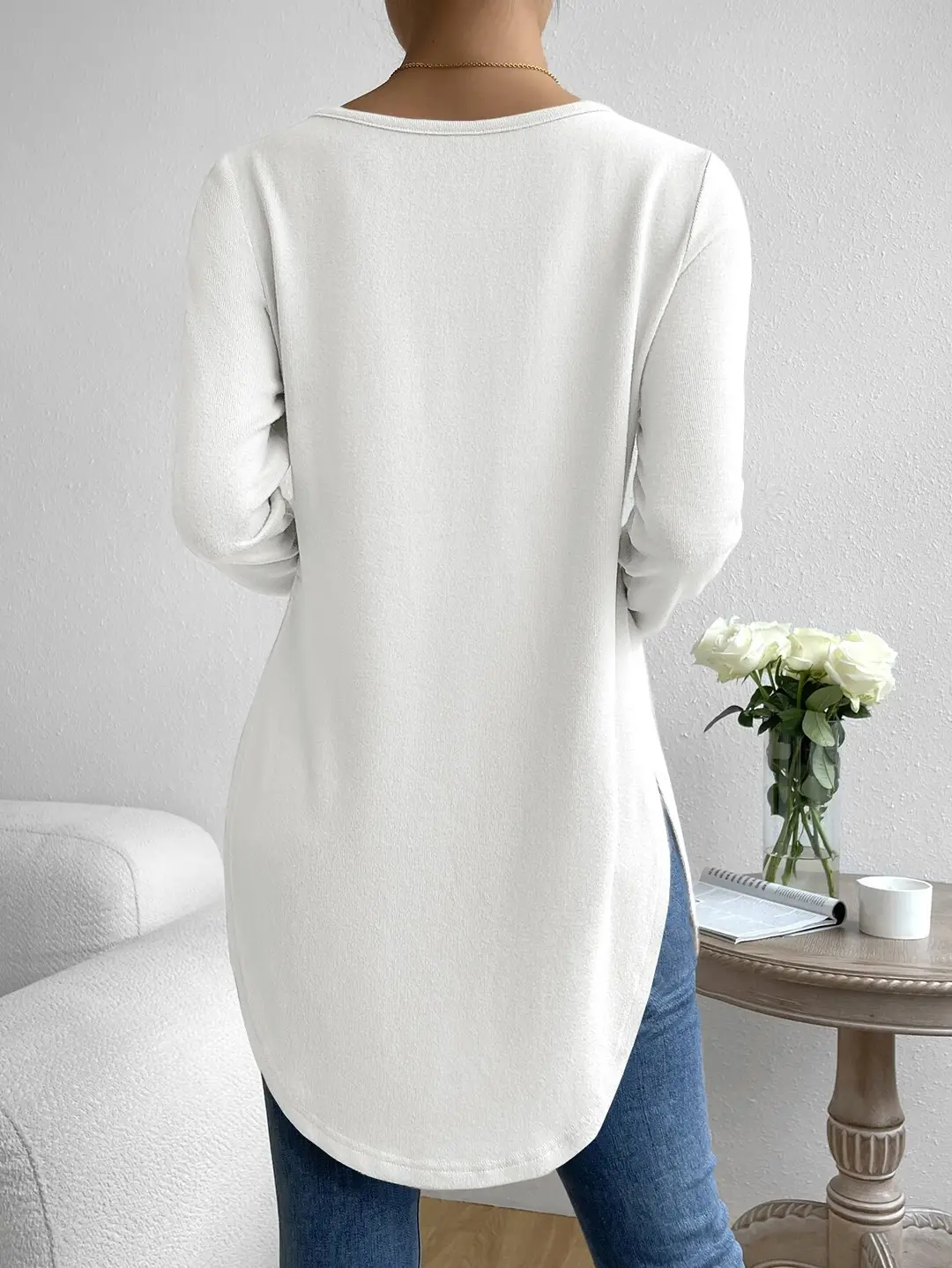 White Long Sleeve Crewneck T-Shirt with Side Split Hem