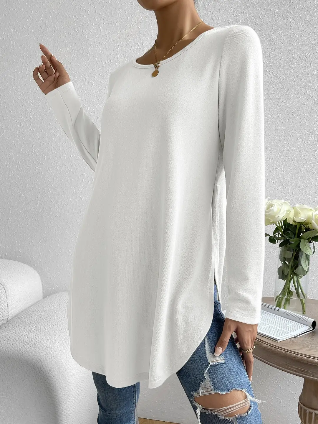 White Long Sleeve Crewneck T-Shirt with Side Split Hem