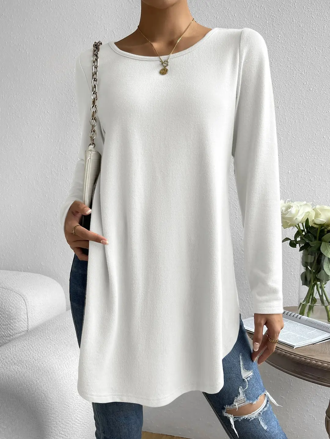 White Long Sleeve Crewneck T-Shirt with Side Split Hem