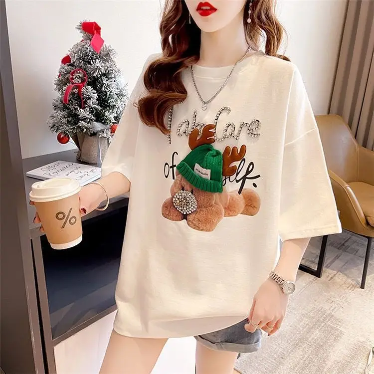 Plus Size Women White Bear Graphic T-Shirt Summer