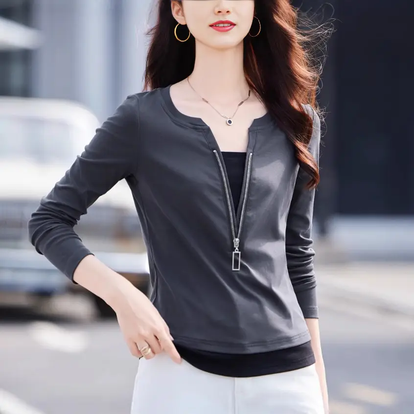 Women Cotton Zipper Long Sleeve Shirt Grey Slim Fit Spring Autumn