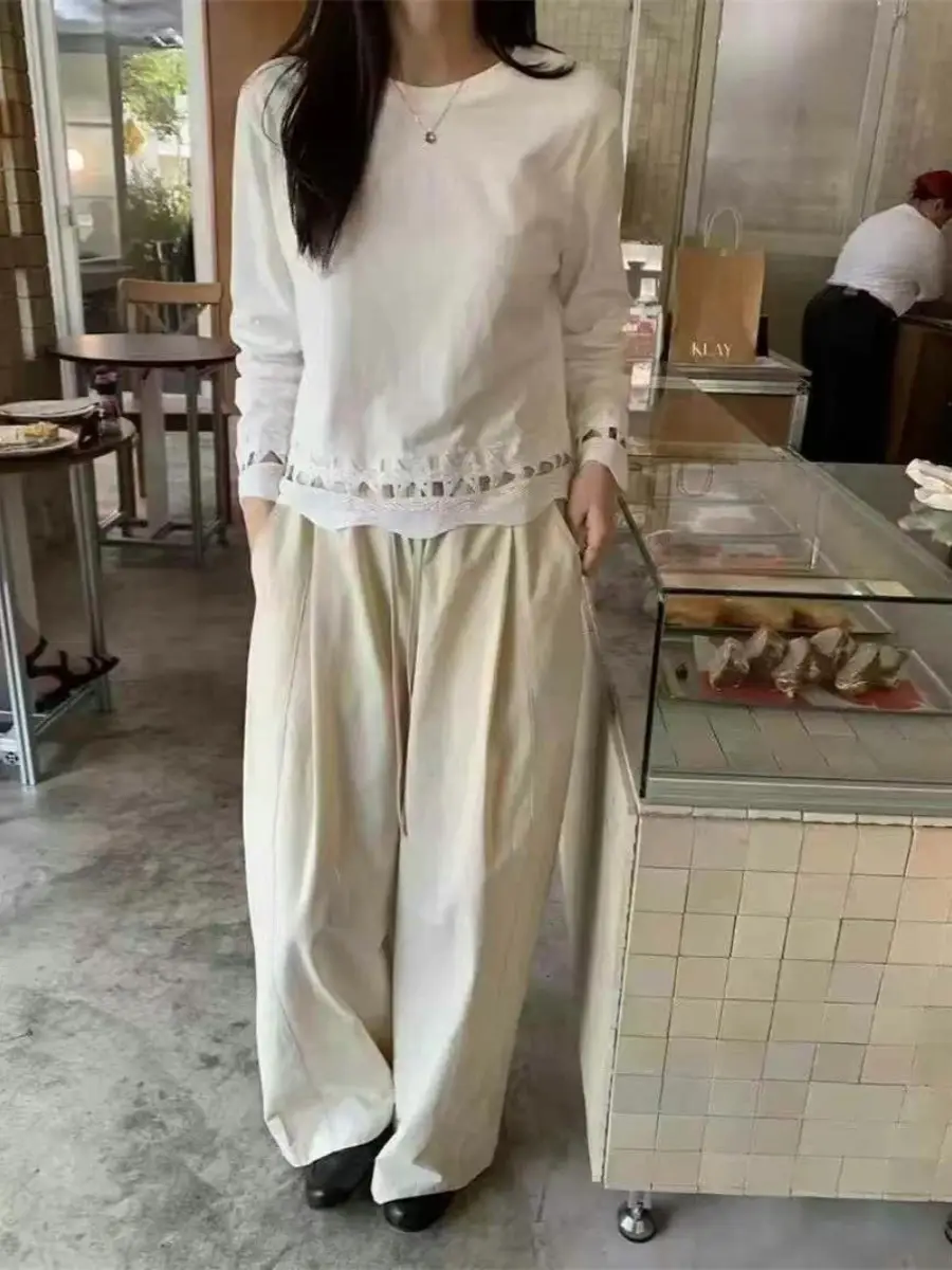 Women Long Sleeve Hollow Out T-Shirt White Loose Autumn