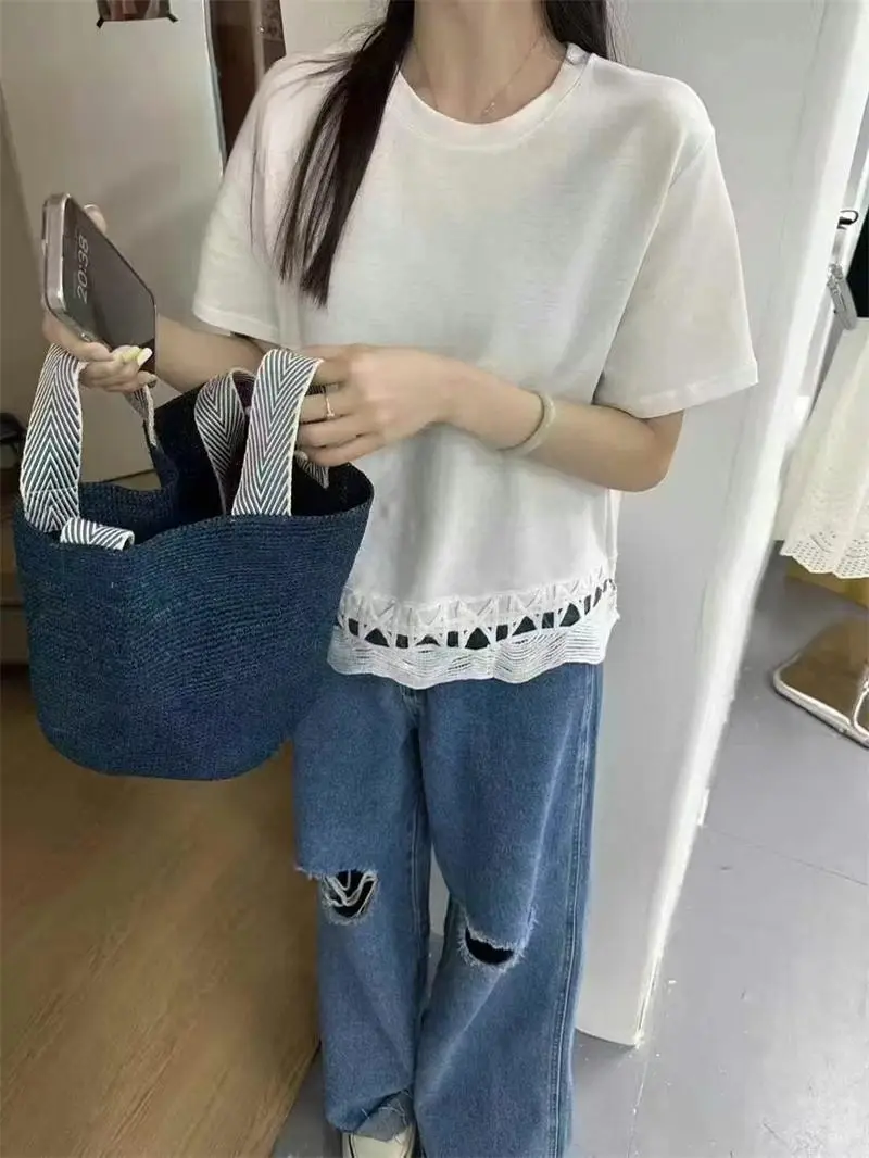 Women Long Sleeve Hollow Out T-Shirt White Loose Autumn