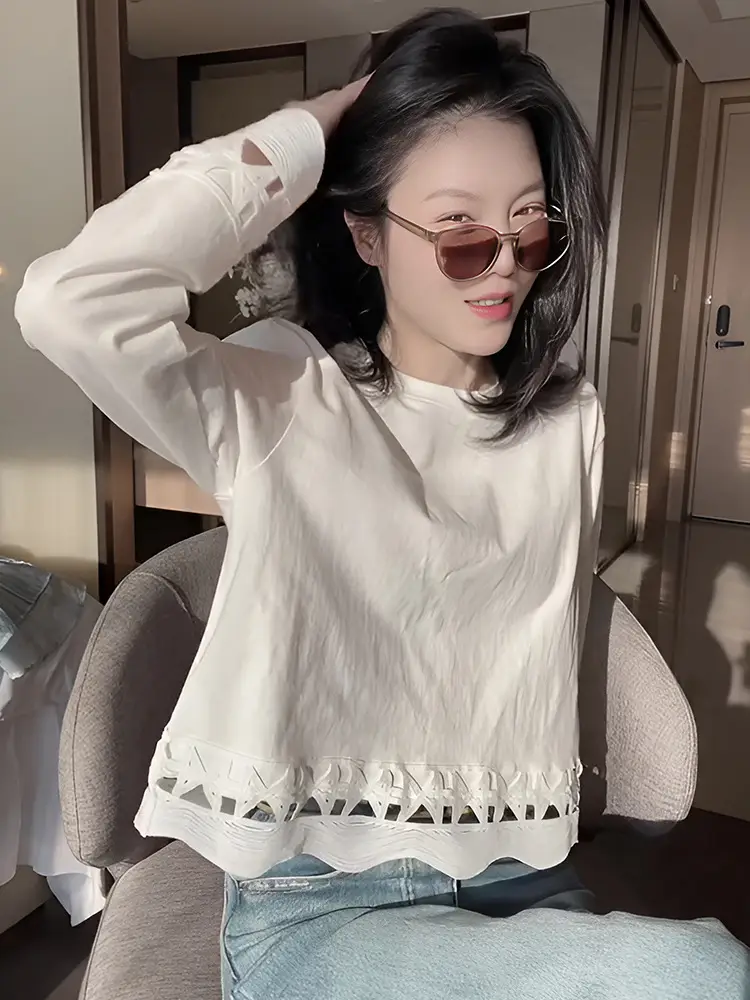 Women Long Sleeve Hollow Out T-Shirt White Loose Autumn