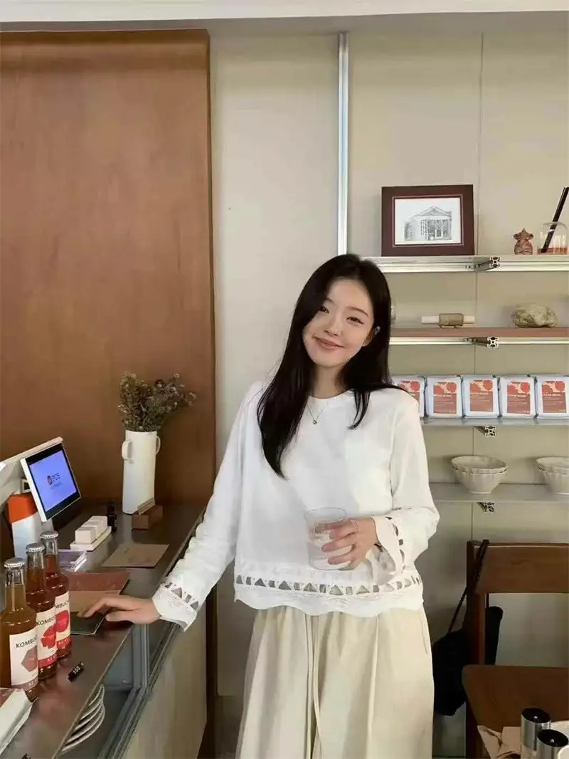 Women Long Sleeve Hollow Out T-Shirt White Loose Autumn