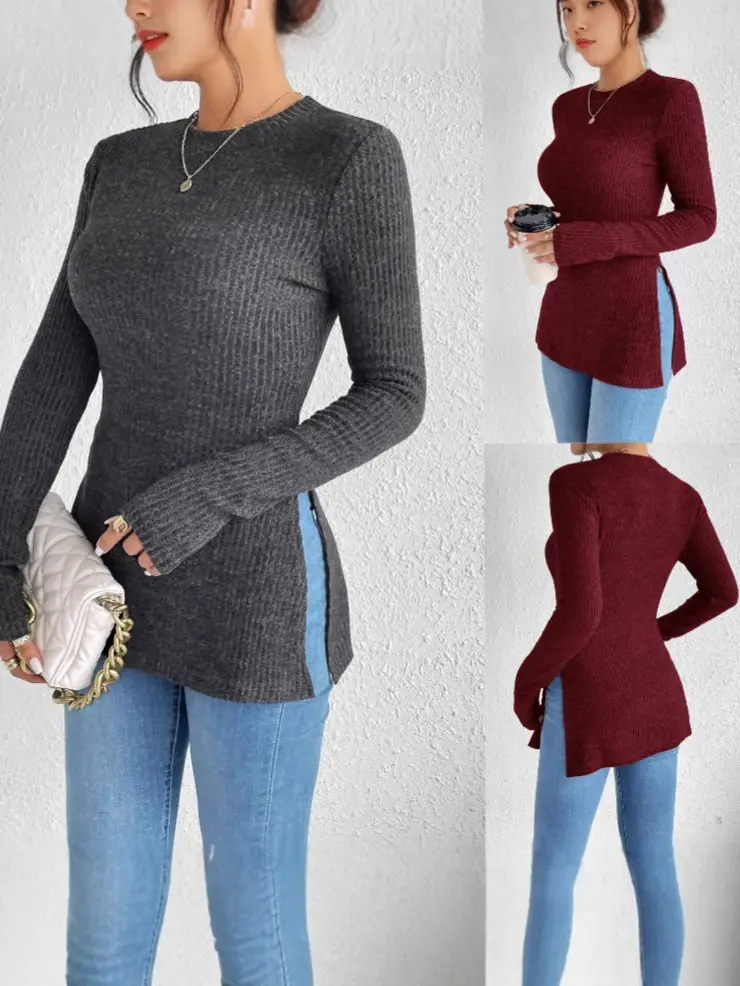 Women Rib Knit Crewneck T-Shirt Asymmetric Hem