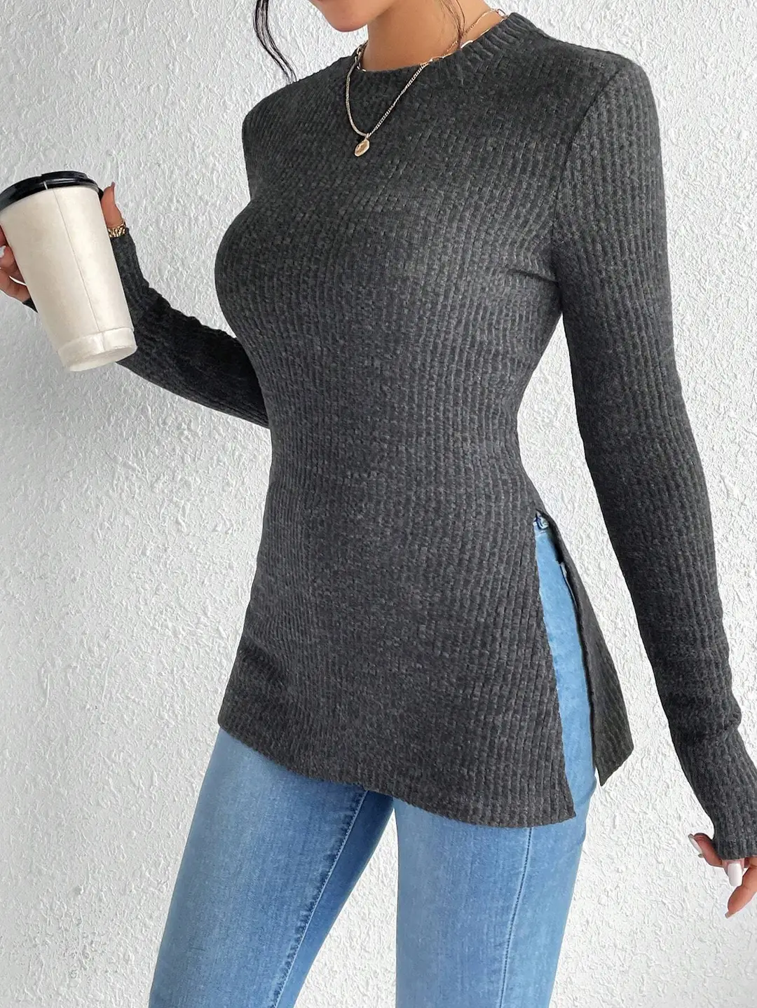 Women Rib Knit Crewneck T-Shirt Asymmetric Hem