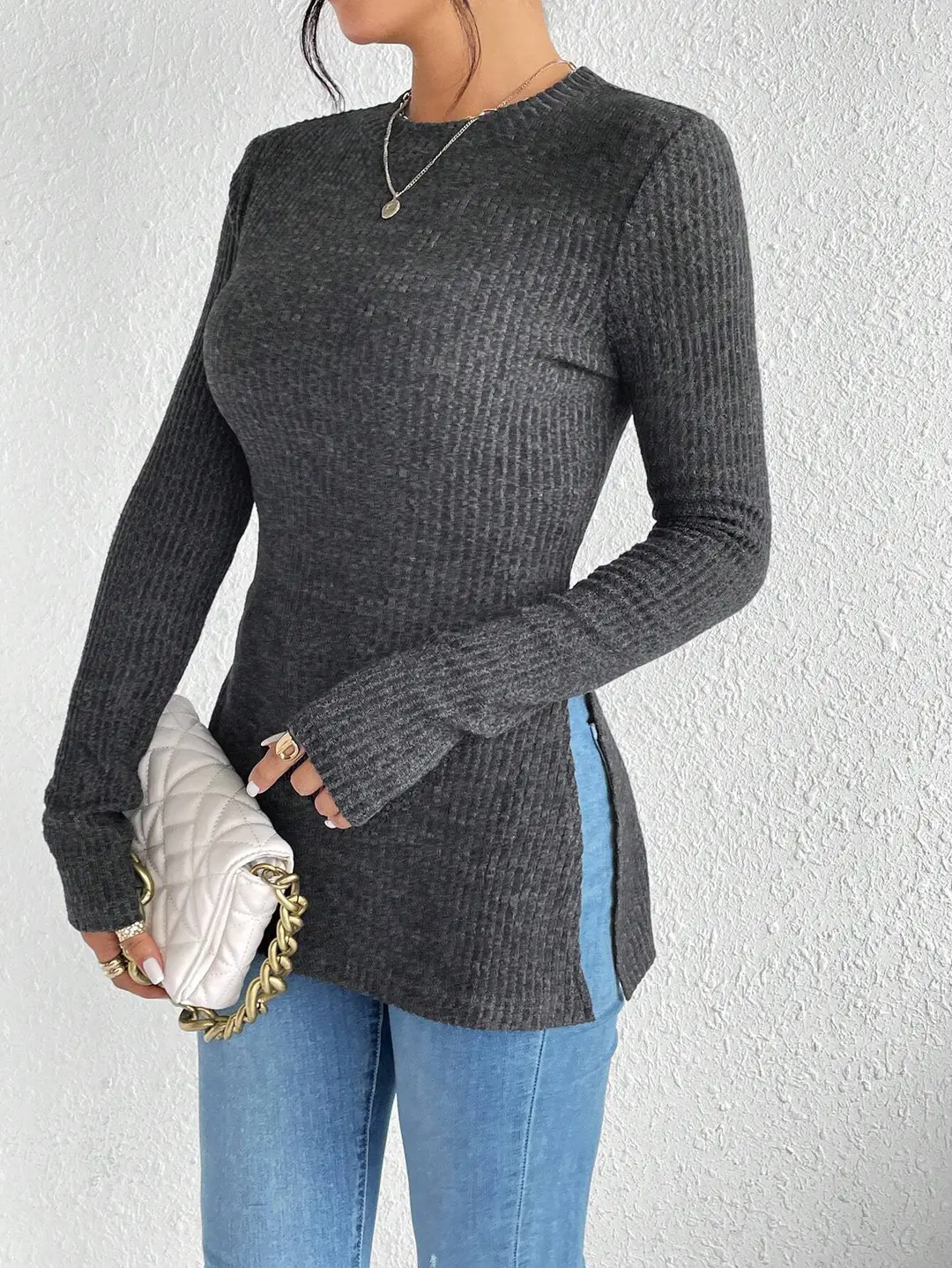 Women Rib Knit Crewneck T-Shirt Asymmetric Hem