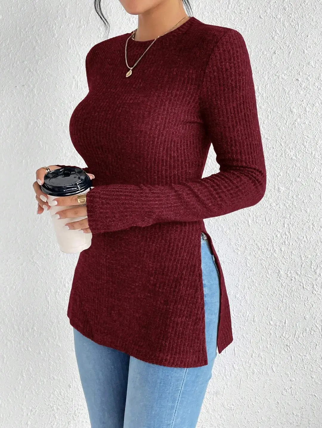 Women Rib Knit Crewneck T-Shirt Asymmetric Hem