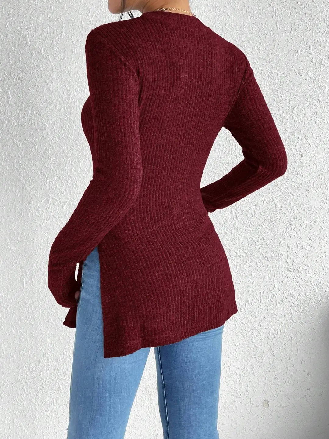 Women Rib Knit Crewneck T-Shirt Asymmetric Hem